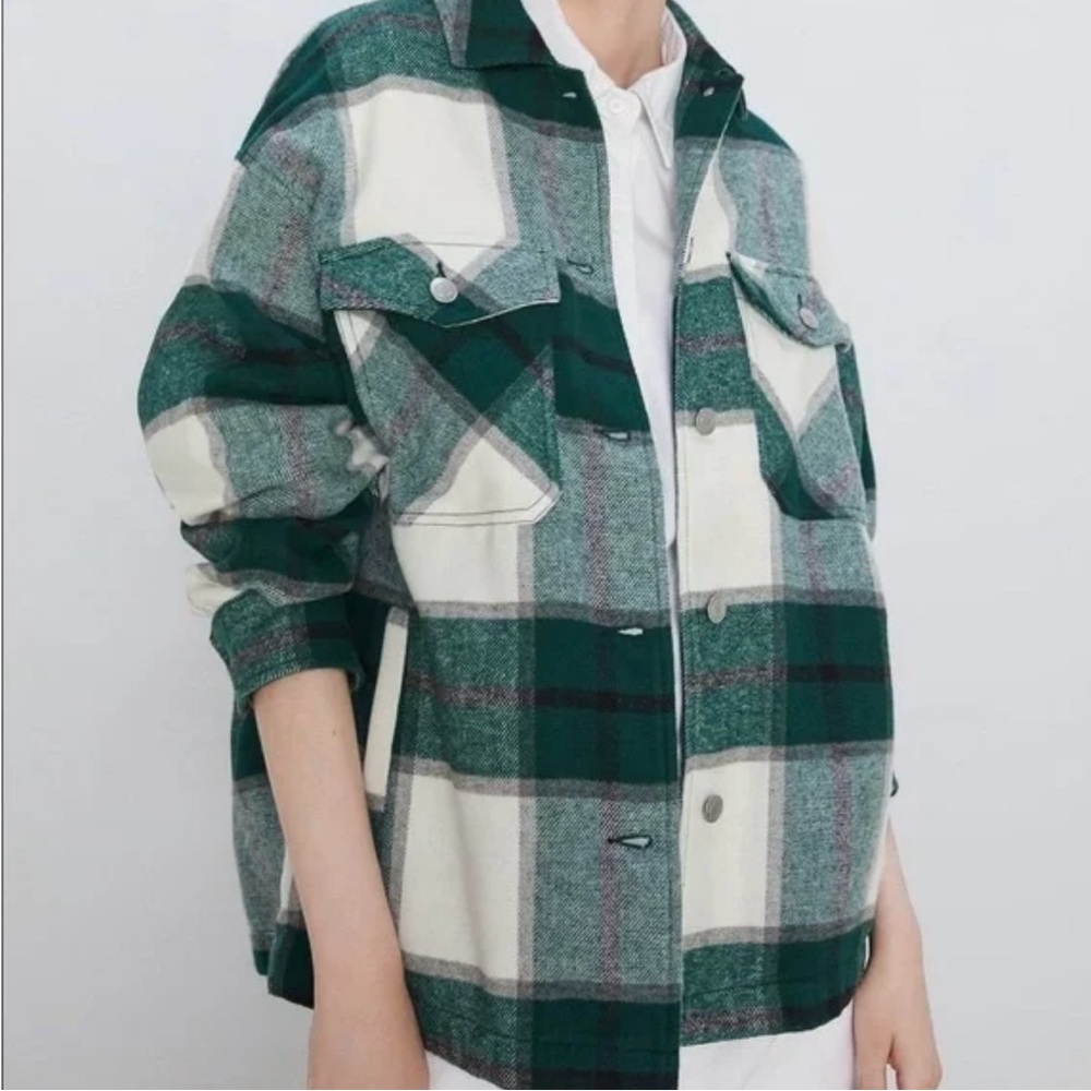 Zara Green and White Plaid Utility Jacket